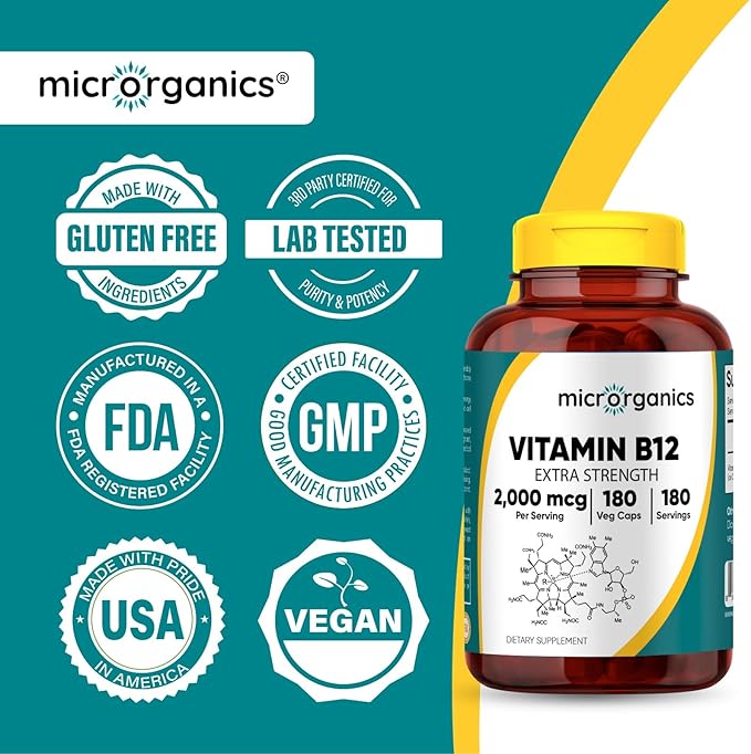 Vitamin B12 2000 mcg Extra Strength – Energy Focus &amp Nervous System Support – Cyanocobalamin Form – 180 Vegan Capsules 180 Servings