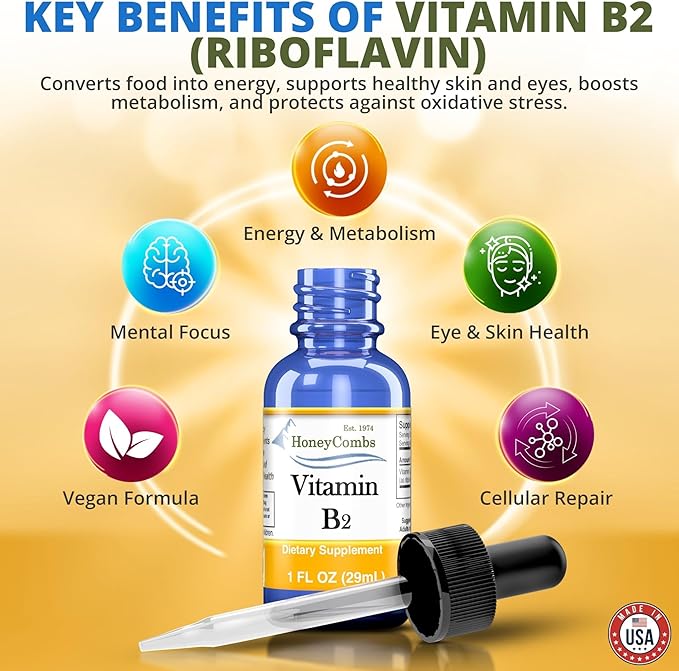 HoneyCombs Riboflavin Vitamin B2 Liquid Drops 500 Percent DV b2 Made in USA Alcohol Free B2 Vitamins Supplement Fast Absorbing Riboflavin Alternative to Capsules for Adult Daily Use