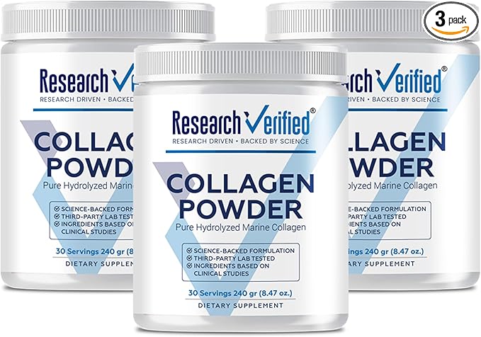Research Verified® Collagen Powder - Hydrolyzed Marine Collagen Peptides - Unflavored - Skin Hydration and Elasticity Muscle Recovery Non GMO - 30 Scoops Per Container - 3 Month Supply