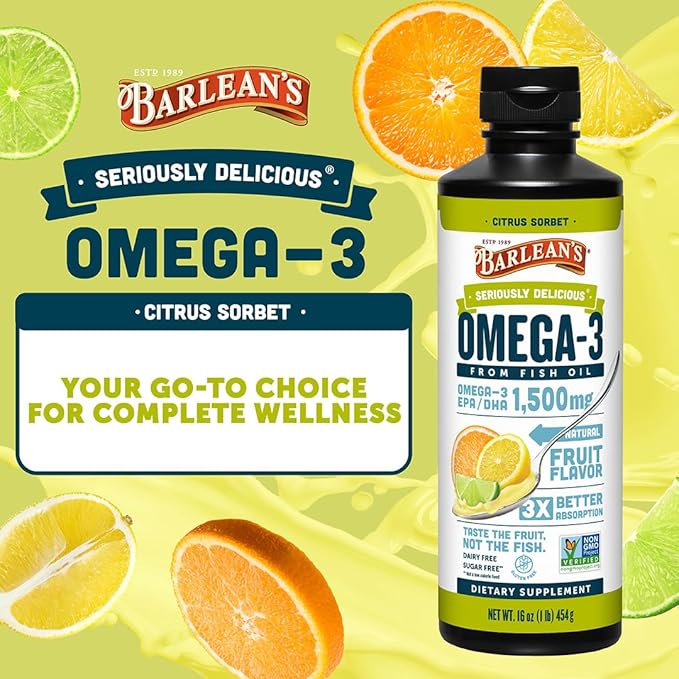 Barlean's Omega 3 Fish Oil Liquid Supplement for Men and Women 1500mg of EPA and DHA Fatty Acid Promotes Brain &amp Heart Health - Non-GMO Citrus Sorbet 16 oz