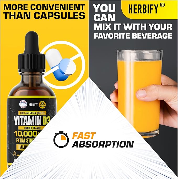 HERBIFY Vitamin D3 10000 IU - Made in USA Liquid Vitamin D Drops - Bone Strength and Immune Support Supplement - Sunshine Replacement - D3 Vitamin Bone and Teeth Supplement - 30 Days Supply - 2 Oz