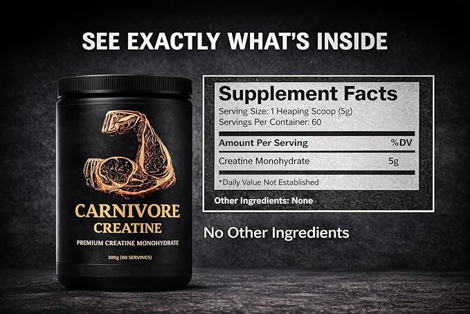 Carnivore Creatine® – Pure Micronized Creatine Monohydrate No Fillers Zero Carbs Unflavored – 300g (60 Servings)