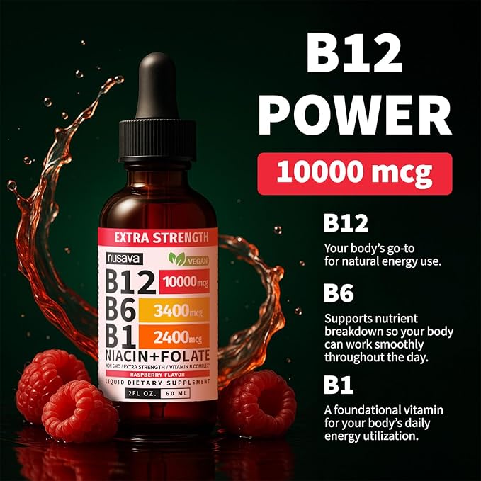NUSAVA (2 Pack Extra Strength Liquid Vitamin B12 Sublingual Vitamin B Complex - B12 Drops 10000mcg - Methylcobalamin for Energy Brain and Heart Support Raspberry Flavor 2 floz 80 Servings