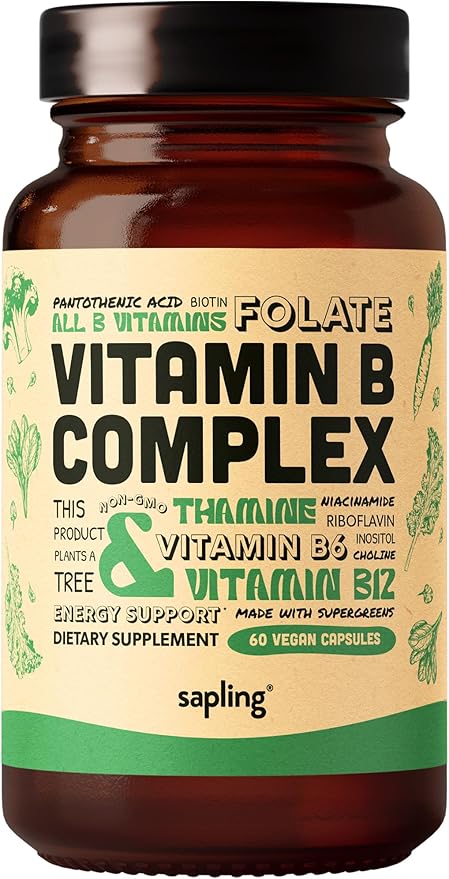 sapling Vitamin B Complex &amp Vegan Omega 3 60 &amp 180 Softgels Bundle - Essential B Vitamins with Whole Food Blend Plant Based DHA &amp EPA Fatty Acids