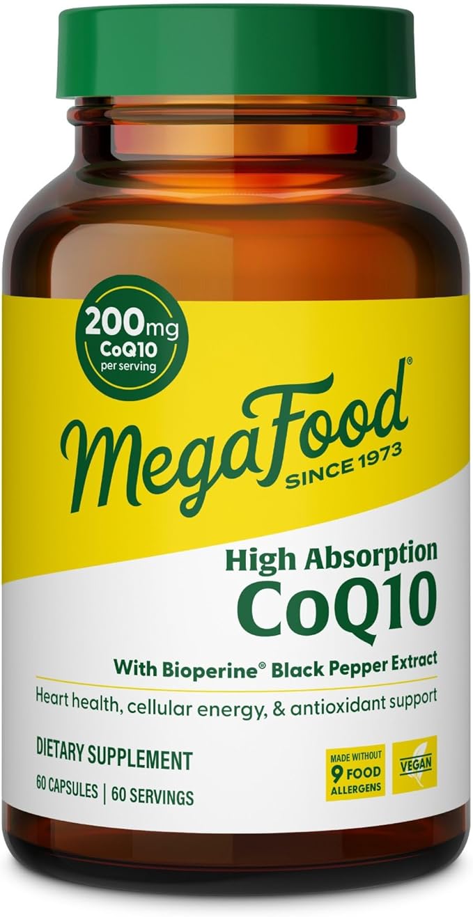 MegaFood High Absorption CoQ10 200mg Per Serving - with BioPerine Black Pepper Extract - Antioxidant Support for Cellular Energy &amp Healthy Aging - 60 Heart Health Supplements Capsules 60 Servings