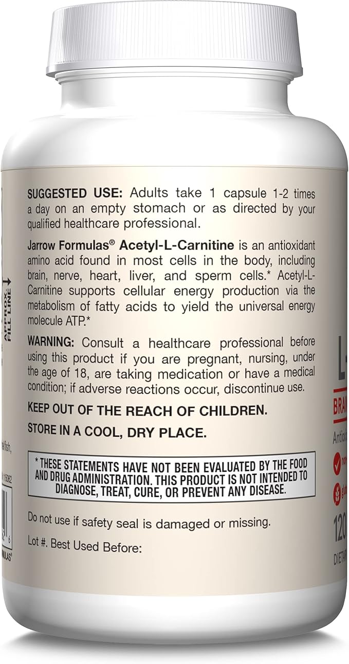 Jarrow Formulas® Acetyl L-Carnitine 500 mg Dietary Supplement Amino Acid Support for Brain Health and Antioxidants 120 Veggie Capsules 120 Day Supply