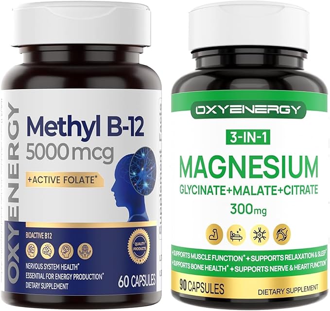 OxyEnergy Methyl Vitamin B12 5000mcg Extra Strength Methylcobalamin B-12 Supplements with Folate &amp Triple Magnesium Complex Supplement 3 in 1 Chelated Magnesium Capsules 300mg with Glycinate Mal