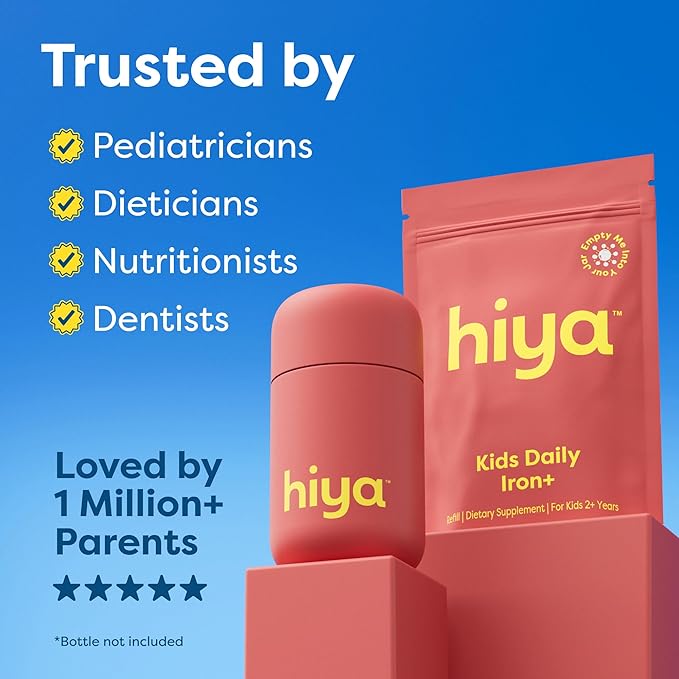 Hiya Iron+ Supplements for Kids - High Absorption Iron Supplement - Delicious Strawberry Flavor &amp Easy on Children's Stomach - No Added Sugar &amp Third Party Tested - 60 Day Refill Supply for To