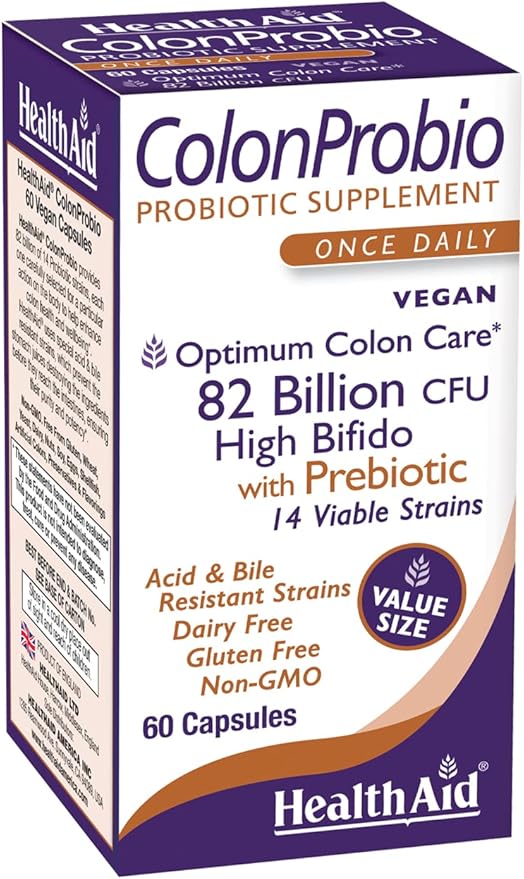 HealthAid ColonProbio 82 Billion with Prebiotic 14 Strains Once Daily 60ct Optimum Colon Care Acid &amp Bile Resistant Dairy Free Gluten Free Non-GMO High Bifido
