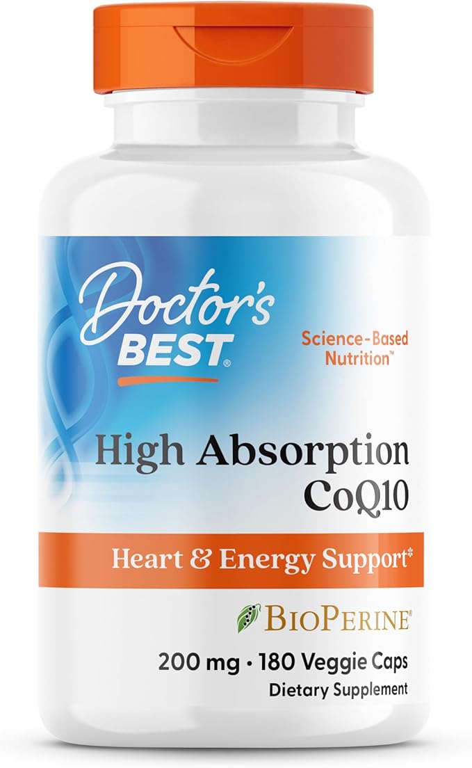 Doctor's Best High Absorption CoQ10 200mg with BioPerine Supplement - Coenzyme Q10 Caps for Heart Health &amp Antioxidant Support CoQ10 200 mg for Women &amp Men Non GMO - 180 Veg Capsules