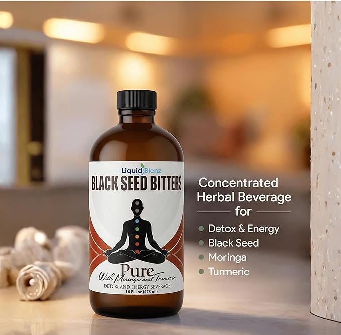 Liquid Blenz Black Seed Bitters with Moringa &amp Turmeric | Botanical Herbal Blend | Crafted with Natural Ingredients | 16 fl oz