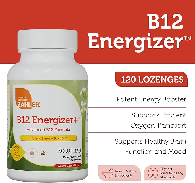 Zahler Energizer+ Vitamin B12-5000 mcg Vitamin B12 - Natural Cherry Flavor Dissolvable Lozenges - Kosher Gluten Free Non-GMO B12 Vitamins 5000 mcg Energy Boost Made in USA (120 Count)