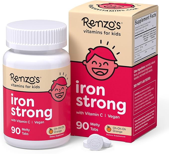 Renzo's Iron Supplements for Kids Dissolvable Vegan Kids Iron Supplement with Vitamin C Sugar-Free Melty Tabs Orange Flavor 90-Count