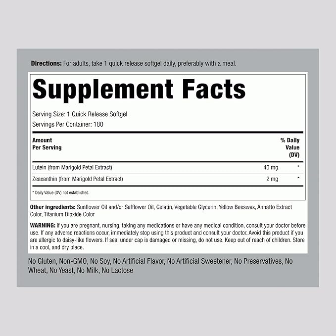 Piping Rock Lutein and Zeaxanthin Supplement | 40 mg | 180 Softgels | Eye Vitamins from Marigold Flower Extract | Non-GMO Gluten Free