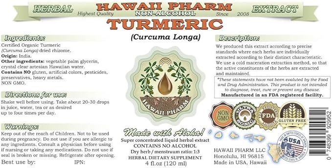 Hawaii Pharm Turmeric Alcohol-Free Liquid Extract Professional Grade Small Batch Crafted Turmeric (Curcuma Longa) Dried Rhizome Glycerite Natural Herbal Supplement 64 fl.oz