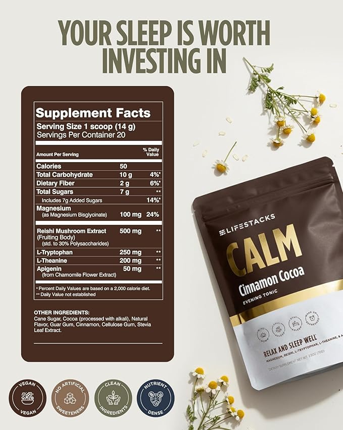 Calm Nighttime Magnesium Hot Cocoa – Melatonin-Free Natural Sleep Support Drink Mix with Reishi Mushroom Chamomile L-Theanine &amp L-Tryptophan – Calm Cinnamon Cocoa 20 Servings