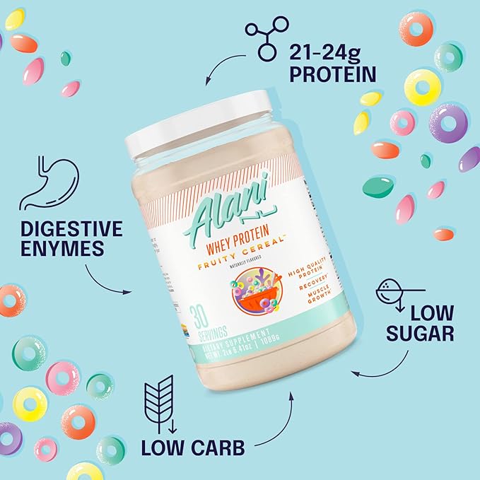 Alani Nu Whey Protein Powder Fruity Cereal | 23g Protein with Low Sugar &amp Digestive Enzymes | Meal Replacement Powder | Low Fat Low Carb Whey Isolate Protein Blend | 30 Servings