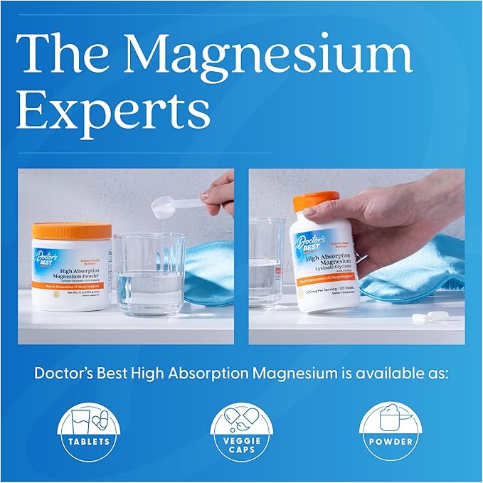 Doctor's Best High Absorption Magnesium Glycinate Lysinate Supplement for Sleep Support - Chelated Magnesium Tablets for Women &amp Men 200mg per Serving Supports Calm &amp Relaxation Vegan - 240