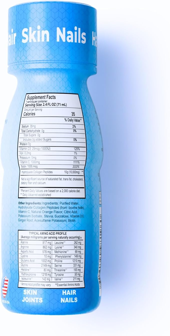 CollagenC - Skin Glow Shot 20 Pack - Collagen 10g Vitamin c 1000mg Biotin 1000mcg Vitamin D 800 IU - Natural Orange-Ginger Flavor 2.0oz Bottle - 80 Pack