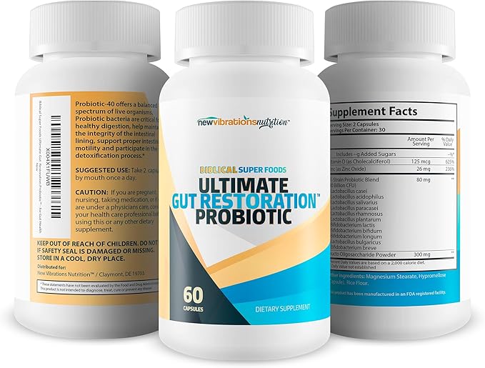 Biblical Super Foods Ultimate Gut Restoration Probiotic - Our Best Gut Restore Probiotic Formula - Ultimate Micro Biome Probiotics - Probiotics and Prebiotics - Synbiotic Vitamin D Immunity Capsules
