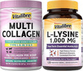 Multi Collagen Peptides Powder Type I II III V X + L-Lysine 1000 mg Tablets Bundle Hydrolyzed Collagen Protein &amp Essential Amino Acid Skin &amp Immune Support 8oz Powder + 120 Tablets