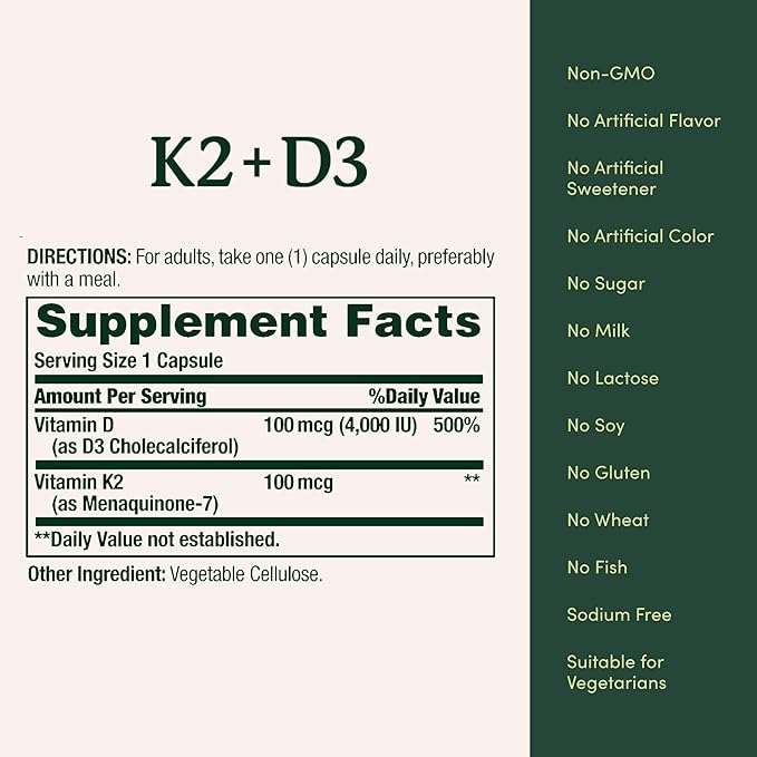 Nature's Bounty Supplement 4000 IU Vitamin D3 Plus 100 mcg of Vitamin K Supplements for Adults for Heart &amp Bone Health Support 60 Day Supply 60 Vegetarian Capsules (Pack of 2)