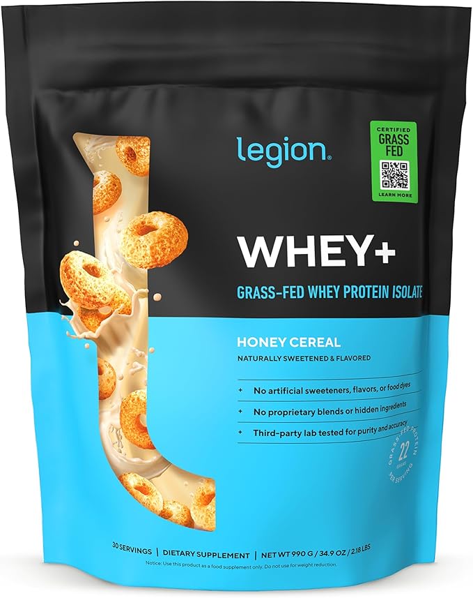 LEGION Whey+ Protein Whey Isolate from Grass Fed Cows (Honey Cereal 30 Servings) - Whey Protein Isolate Powder Low Calorie Non-GMO Sugar Free Lactose and Gluten Free All Natural Protein Powder