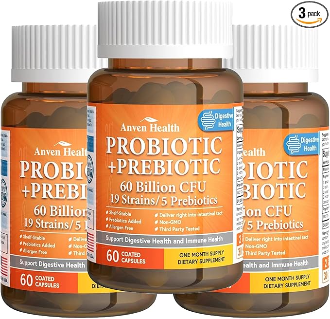 60 Billion Probiotic and Prebiotic for Women and Men - 19 Strains 5 Organic Prebiotics for Gut Digestive &amp Immune Health Supports Diarrhea Gas Bloating Non-GMO – Made in USA丨180 Caps
