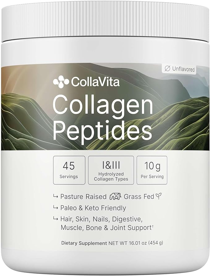 Collagen Peptides Powder Grass-Fed Pasture-Raised Hydrolyzed Collagen Powder Type I &amp III Hair Nails Skin and Joints Non-GMO Paleo &amp Keto Unflavored 16 Fl oz. 45 Servings