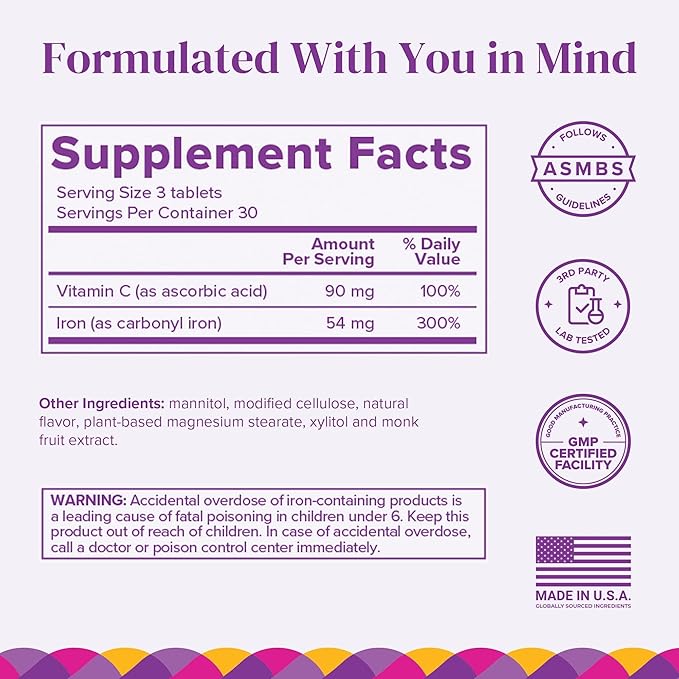 Barimelts Iron with Vitamin C 90 Fast-Dissolving Tablets (1-Month Supply) Sugar-Free Bariatric Iron Supplement for Women Natural Orange Flavor