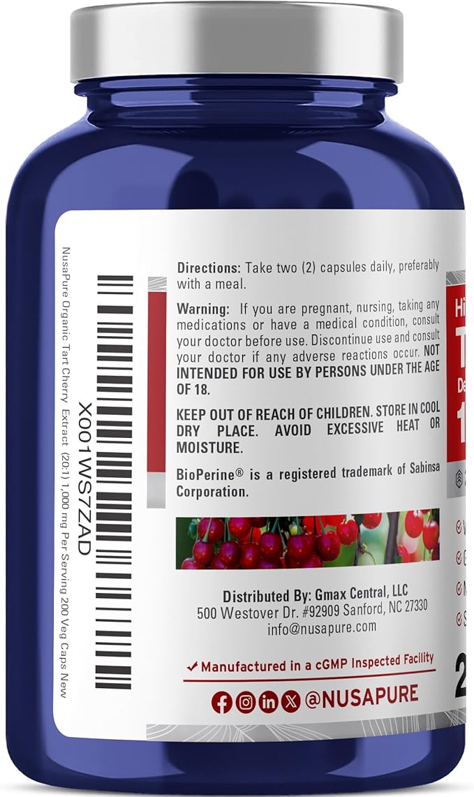 NusaPure Organic Tart Cherry 20:1 Extract 1000 mg Equivalent to 20000 mg 200 Veggie Caps (Vegan Non-GMO) Bioperine