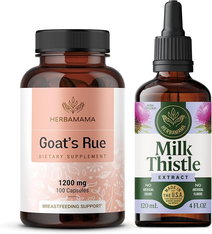 HERBAMAMA Goat's Rue and Milk Thistle Kit - Bundle of 1200 mg Goat's Rue Capsules &amp Milk Thistle Liver Detox Drops 2 fl oz - Vegan Non-GMO Sugar &amp Alcohol-Free - 2 Pack