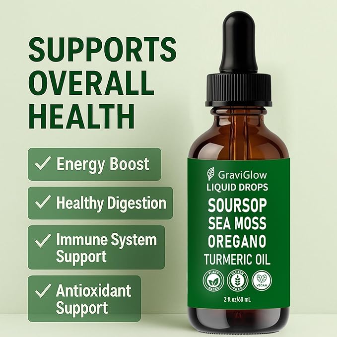 Graviola Soursop Bitters Liquid Drops – 10-in-1 Herbal Soursop Extract with Sea Moss Moringa Turmeric Black Seed Oil &amp Oregano – Immune &amp Gut Health Support Vegan Non-GMO 2 Fl Oz