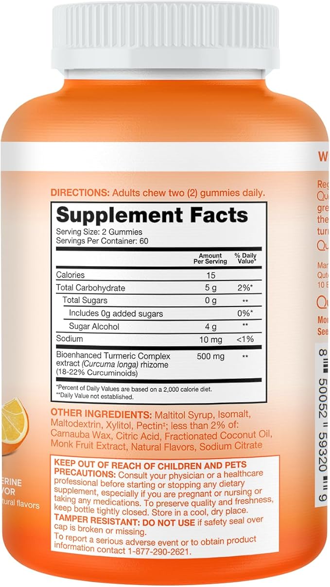 Qunol Zero Sugar Turmeric Gummies Gummy with 500mg Turmeric Curcumin Joint Support Supplement Ultra High Absorption Tumeric Curcumin Vegetarian Gluten Free 120 Count