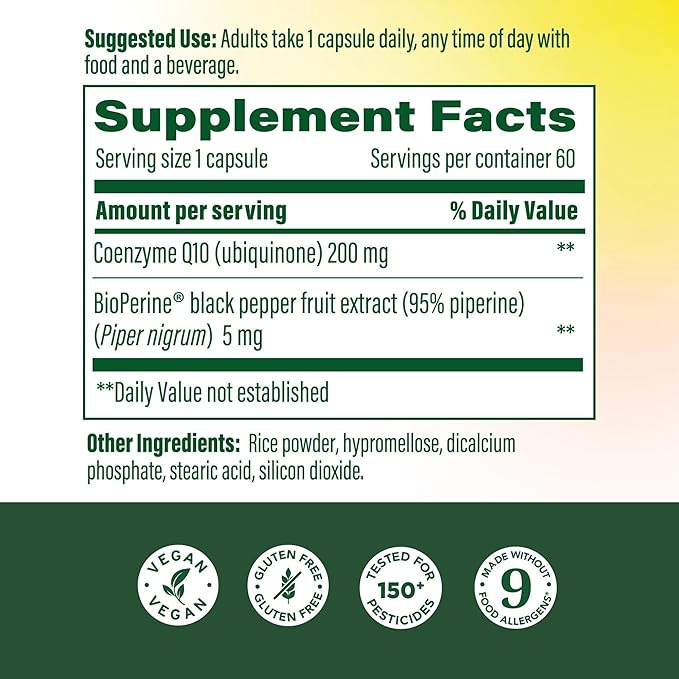 MegaFood High Absorption CoQ10 200mg Per Serving - with BioPerine Black Pepper Extract - Antioxidant Support for Cellular Energy &amp Healthy Aging - 60 Heart Health Supplements Capsules 60 Servings
