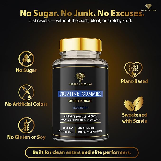 Nature's Blessing Creatine Gummies for Muscle Growth &amp Toning – 5000mg per Serving – Build Lean Muscle Boost Strength &amp Recovery – Vegan No Bloat No Chalky Powders