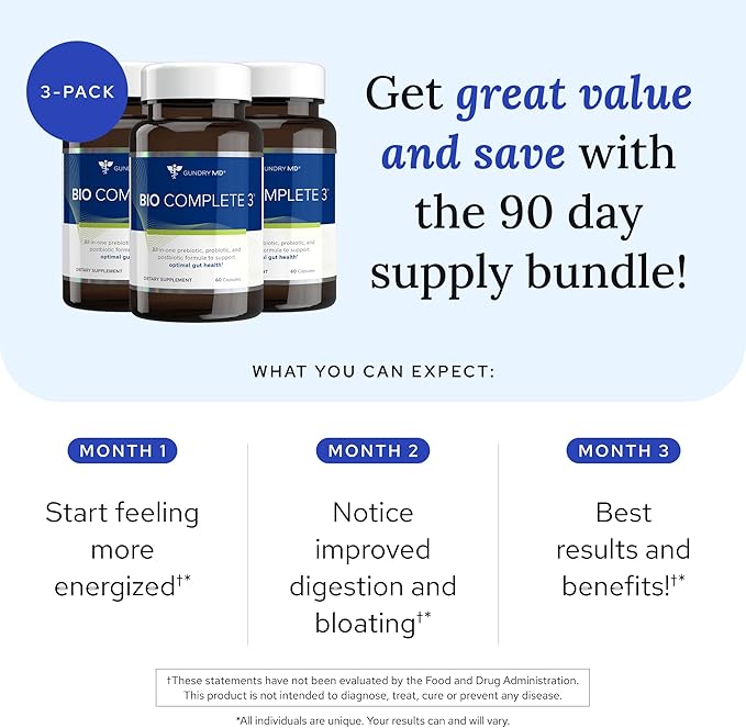Gundry MD® Bio Complete 3 - Prebiotic Probiotic Postbiotic to Support Optimal Gut Health 30 Day Supply (90 Day Supply)