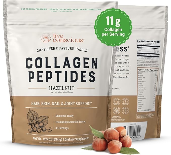 Live Conscious Collagen Peptides Powder - Hazelnut Flavored Collagen Powder - Hair Skin Nail &amp Joint Support - Type I &amp III Grass-Fed Collagen Supplements for Women and Men - 30 Serving - 1