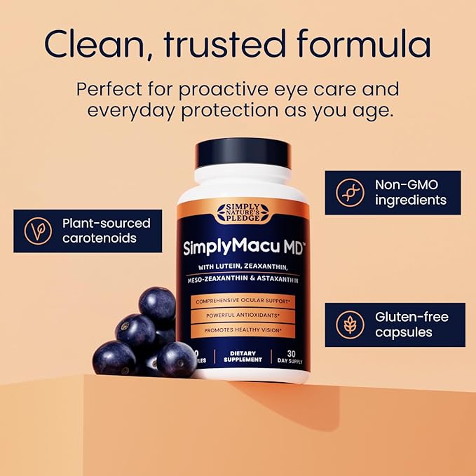 Simply Macu MD – Advanced Vision Support Supplement with Lutein Zeaxanthin Meso-Zeaxanthin &amp Astaxanthin – Bilberry Extract – Vegan Non-GMO Gluten Free – 90 Day Supply (90 Capsules)