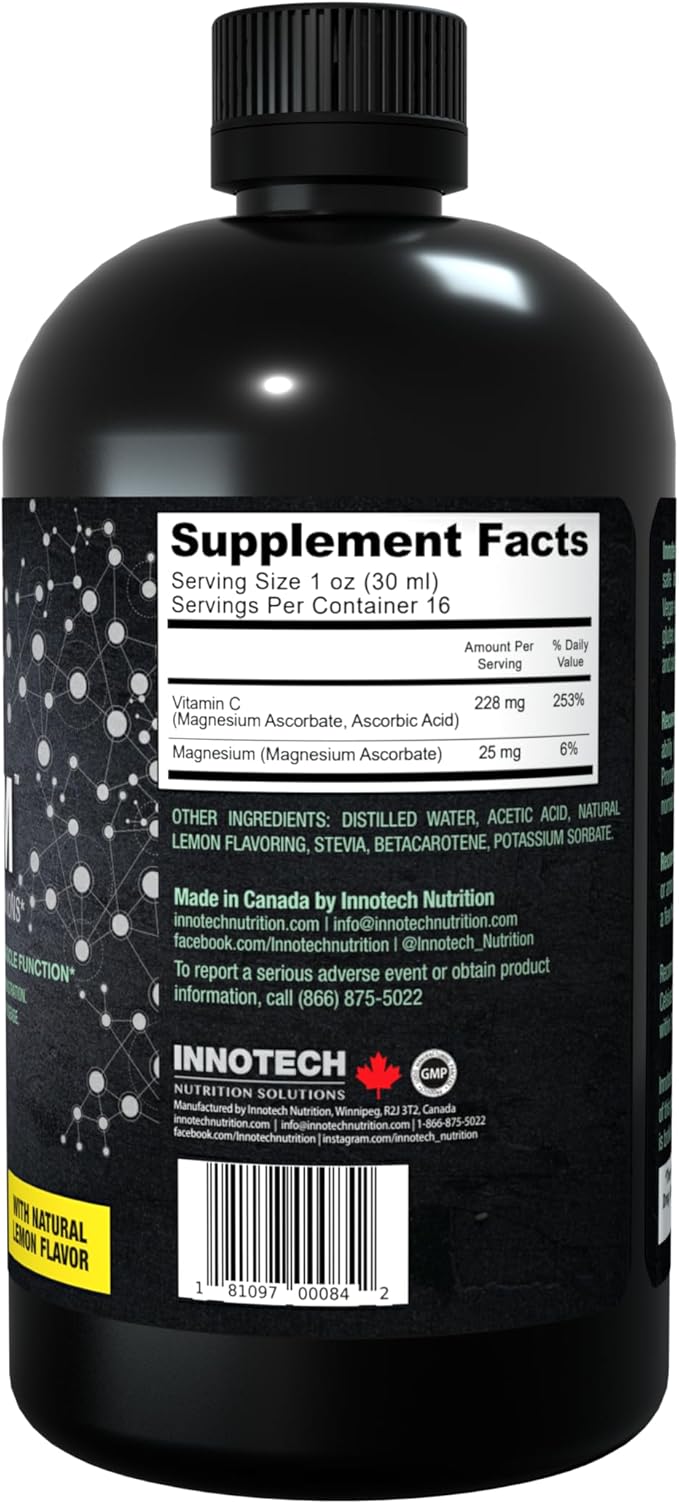 Innotech Nutrition Liquid Ionic Magnesium Sleep &amp Relaxation Support High Absorption Formula with Vitamin C Lemon Flavor 500 mL