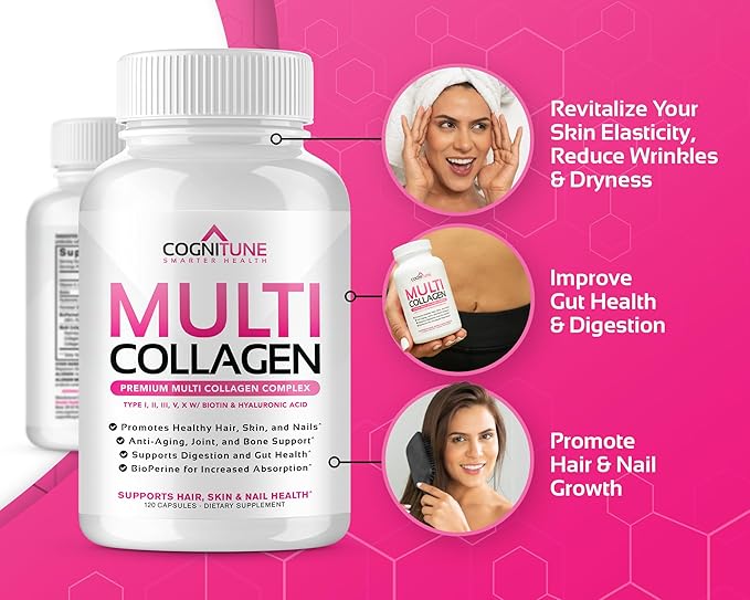 CogniTune Multi Collagen Peptides for Women with Biotin Hyaluronic Acid Vitamin C - 5 Types I II III V X Colageno Hidrolizado - 2000mg Hair Skin Nails Joints Support - 120 Capsules