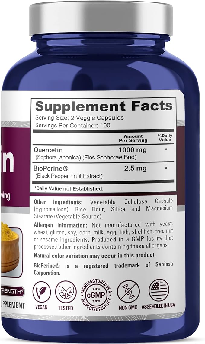 NusaPure Quercetin - Suitable for Vegetarian/Vegan Non - GMO - 1000 mg - 200 Capsules