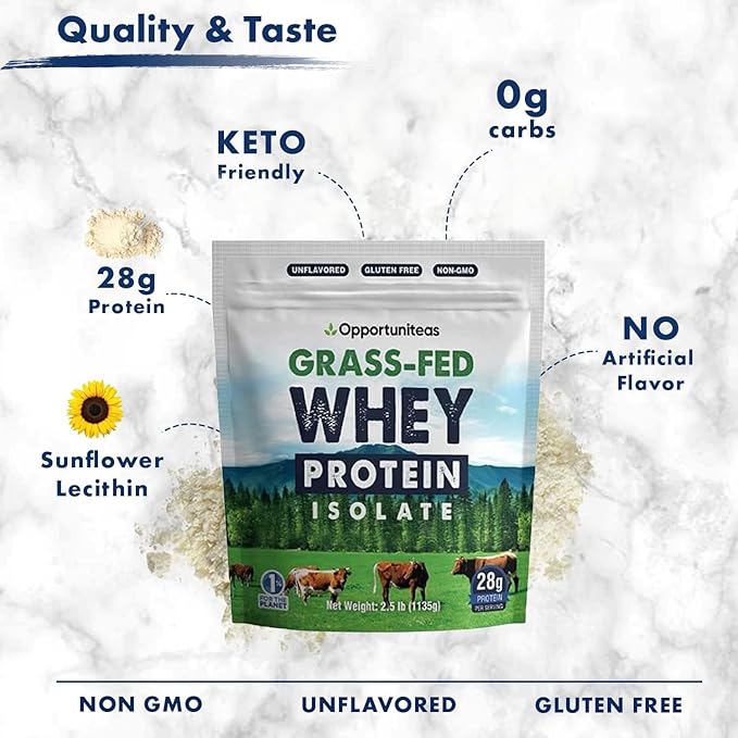 Opportuniteas Grass Fed Whey Protein Isolate Powder - 28g Unflavored &amp Vanilla Protein Protein Without Artificial Sweeteners Hormone-Free Happy Cows - Un-denatured Non GMO Keto &amp Paleo Diet