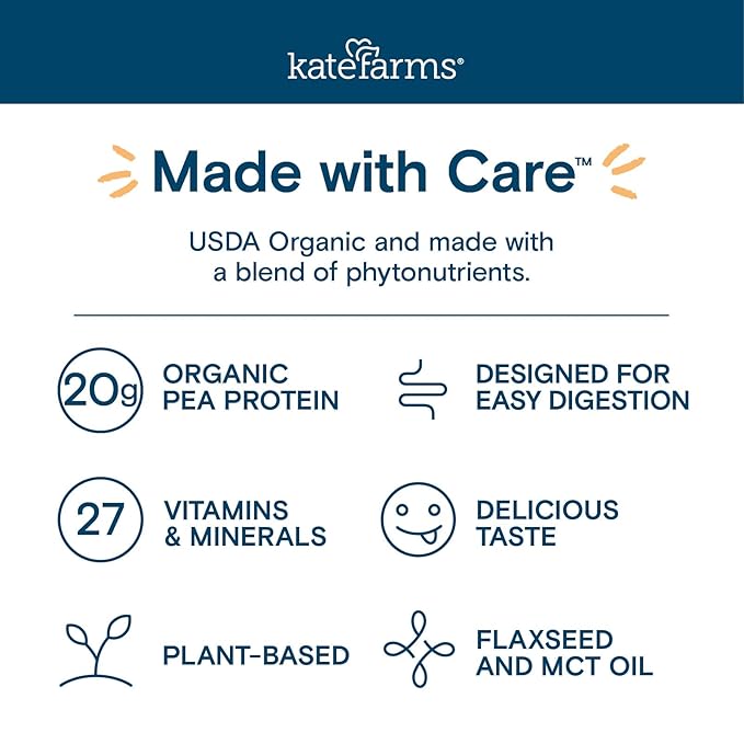 KATE FARMS Organic 1.4 High Calorie Nutrition Shake Plain 20g Protein 27 Vitamins and Minerals Meal Replacement Protein Shake. 11 oz (12 Pack)