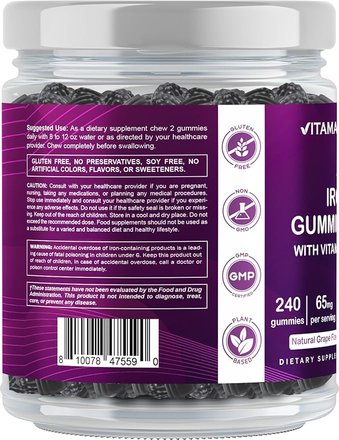 Vitamatic Iron 65 mg Gummies Supplement for Women &amp Men - 240 Vegan Gummies - Great Tasting Iron Gummy Vitamins with Vitamin C