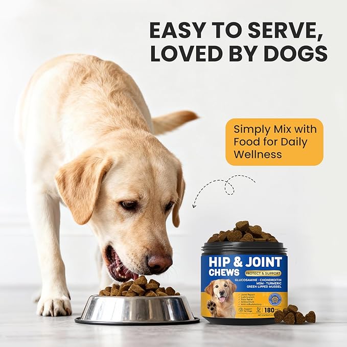 Dog Hip and Joint Supplement with Glucosamine &amp Chondroitin - Supports Mobility &amp Pain Relief for Senior &amp Large Dogs - 180 Soft Chews