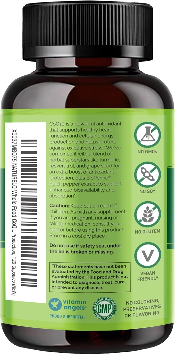 NATURELO Whole Food CoQ10 Supplement 120 Veg Capsules Heart Health Blend Powerful Antioxidant CoQ10 100mg Supports Energy Production