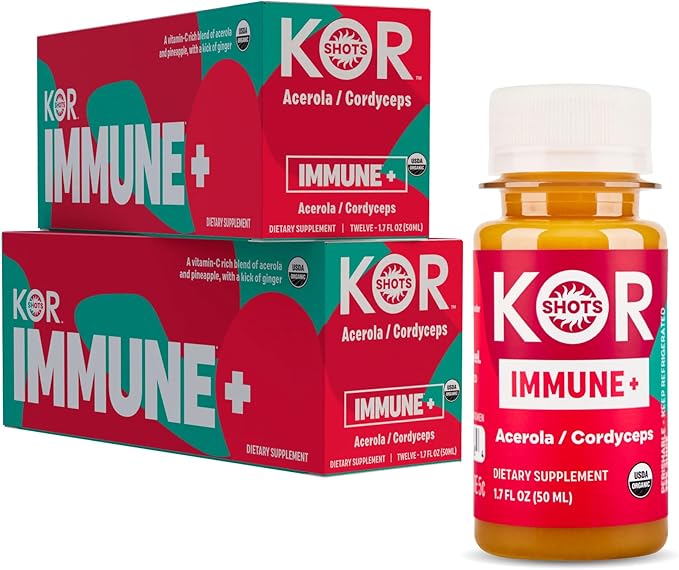 Kor Shot Acerola Ginger and Cordyceps Shot - 24 Pack x 1.7 Fl Oz - Immune Plus - Immune System Booster - 533% DV of Vitamin C - USDA Certified Organic - Dietary Supplement