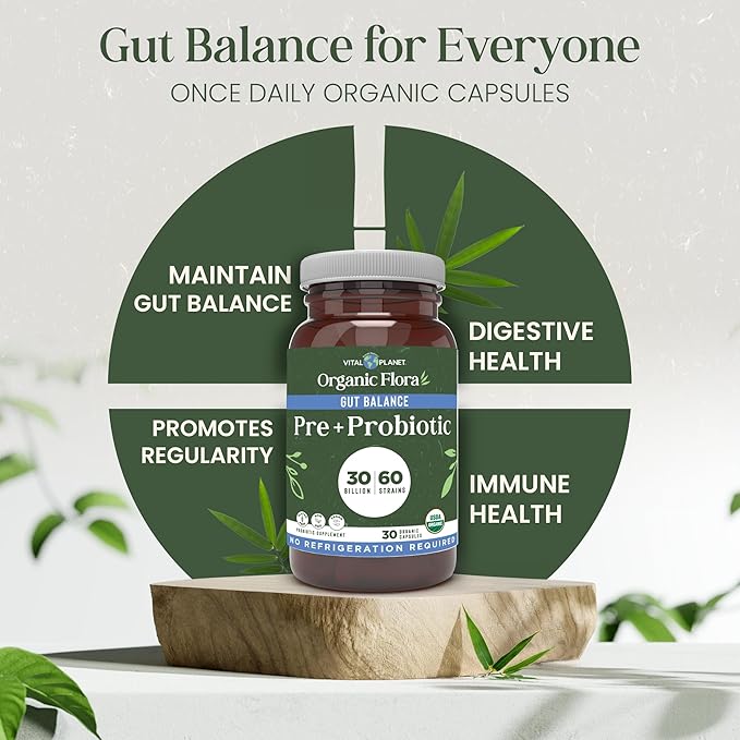 Vital Planet - Organic Flora Probiotics for Gut Balance Shelf Stable Probiotic 30 Billion CFU 60 Diverse Strains Prebiotic Organic Mushroom Blend for Immune Support and Digestive Health 30 Capsules