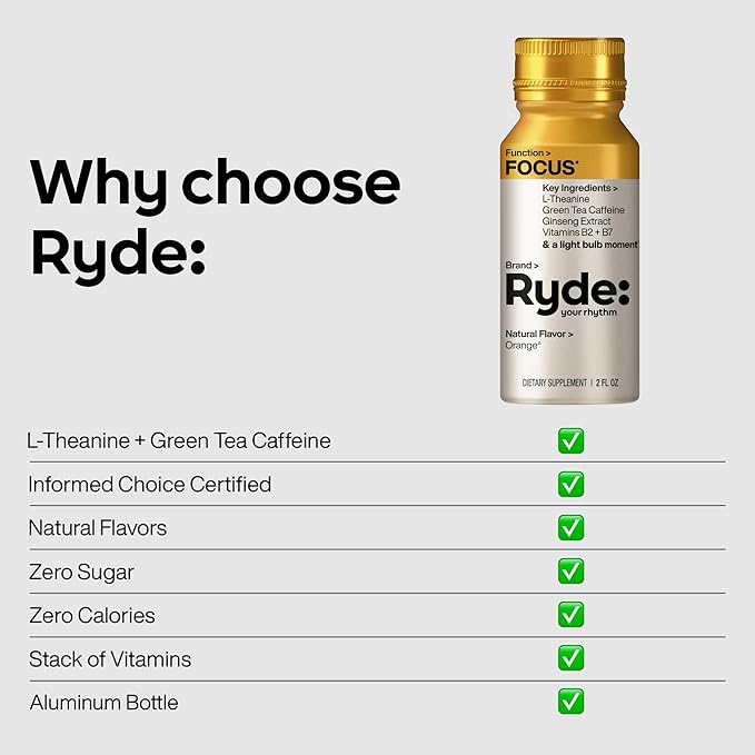 Ryde: Focus Shot | Orange Flavor | L-Theanine &amp Ginseng | Green Tea Caffeine | Vitamins B2 &amp B7 | 0 Calories 0 Sugar | 2 FL OZ Shots | Supports Focus* (24 Pack)